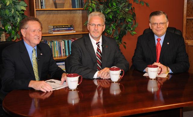 Campbellsville University officials are interviewed on “Dialogue on Public Issues,” hosted by John Chowning, far right, at Campbellsville University. The show featured from left: Dr. Frank Cheatham, vice president for academic affairs, and Dave Walters, vice president for admissions and student services. The show will air on TV-4, WLCU, Comcast Cable Channel 10, Sunday, Aug. 2, at 8 a.m.; Monday, Aug. 3, at 1:30 p.m. and 6:30 p.m., and Wednesday, Aug. 5, at 1:30 p.m. and 7 p.m. (Campbellsville University Photo by Ashley Zsedenyi)