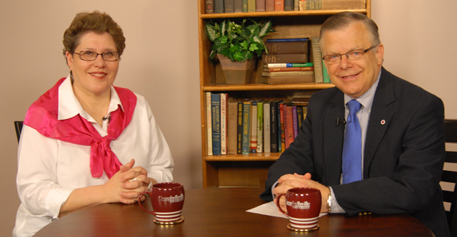 Campbellsville University’s John Chowning, vice president for church and external relations and executive assistant to the president of CU, right, interviewed Edwina Rowell, director of the Christian Women’s Job Corps, on his show, “Dialogue on Public Issues” on Campbellsville University’s WLCU. The show will air Sunday, May 23 at 8 a.m.; Monday, May 24 at 1:30 p.m. and 6:30 p.m. and Wednesday, May 25 at 1:30 p.m. and 7 p.m. The show is aired on Comcast Cable Channel 10. (Campbellsville University Photo by Piao Yu)