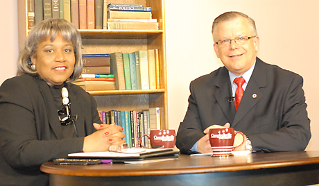 Campbellsville University’s John Chowning, vice president for church and external relations and executive assistant to the president of CU, right, interviewed Eleanor Jordan, left, executive director of the Kentucky Commission on Women in Frankfort, Ky., on Campbellsville University’s WLCU’s show “Dialogue on Public Issues.” The show will air Sunday, March 20 at 8 a.m.; Monday, March 21 at 1:30 p.m. and 6:30 p.m. and Wednesday, March 23 at 1:30 p.m. and 7 p.m. The show is aired on Comcast Cable Channel 10. (Campbellsville University Photo by Piao Yu)