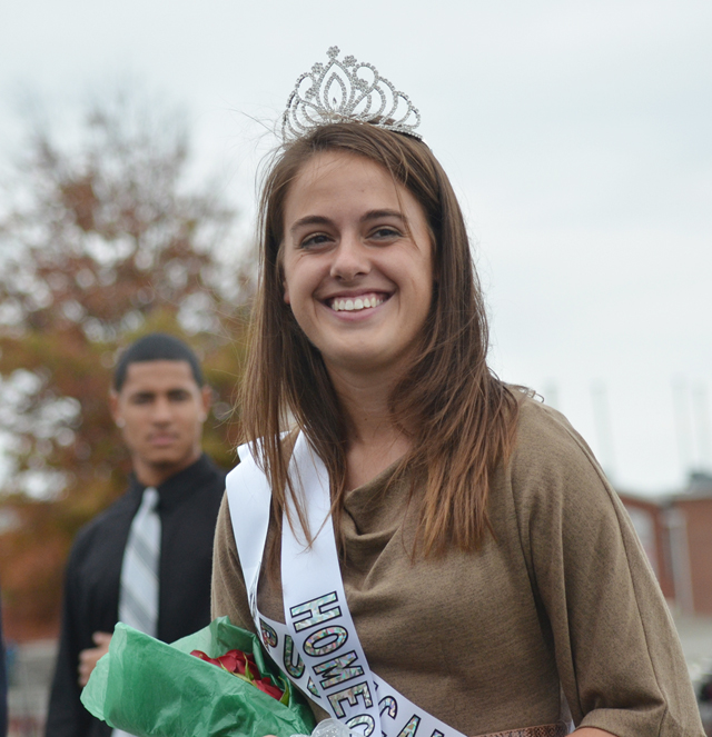 Emily Shultz, a senior of Mt. Sterling, Ky., won Homecoming queen at Campbellsville University during half-time of the football game against Lindsey Wilson College. She represented College Republicans. She is a political science and history major, and is captain of the women’s soccer team. She is the daughter of Lisa Shultz of Mt. Sterling, Ky. She was escorted by her coach Thom Jones. (Campbellsville University Photo by Andre Tomaz)
