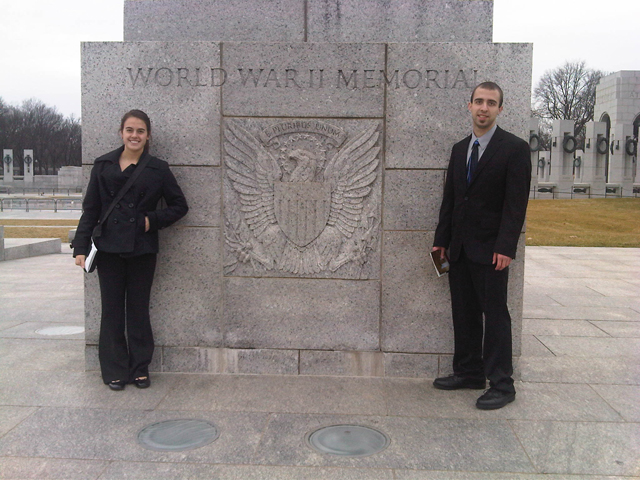 Emily Shultz and Joseph Yates pose at the World War II memorial in Washington, D.C. on a visit for the Christian Student Leadership Conference. (Photo