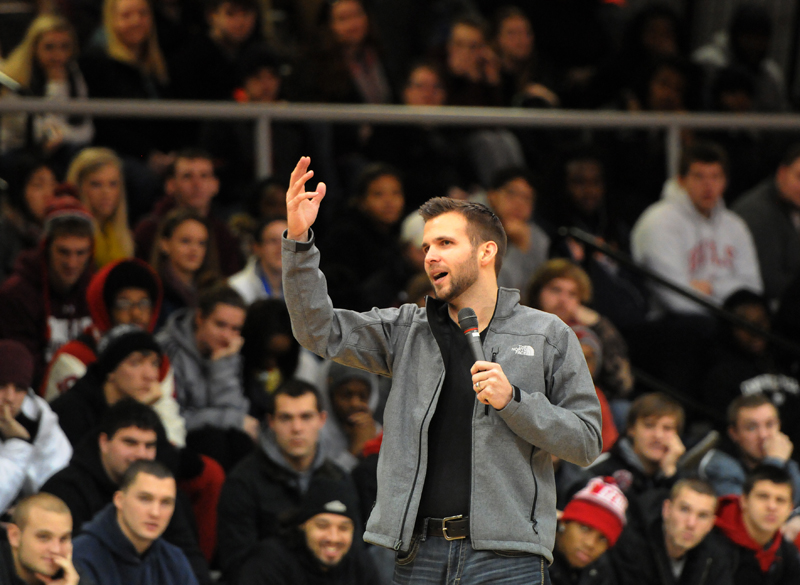 Eric Gilbert, pastor of 3trees Church in Russell Springs, Ky., speaks to student-athletics at Powell Athletic Center about integrity and coming to a personal relationship with Jesus Christ. (Campbellsville University Photo by Richard RoBards)