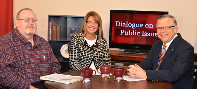 Dr. Damon Eubank, left, Dr. Wendy Davis and John Chowning discuss the JFK assassination on  "Dialogue on Public Issues." (Campbellsville University Photo by Drew Tucker)