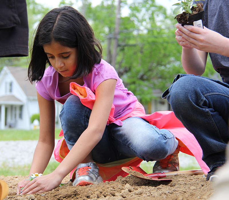Taylor County Elementary School fifth grader Evie  Sapp plants flowers with her fellow classmates at  CU's Earth Day Celebration. (Campbellsville  University Photo by Rachel DeCoursey)