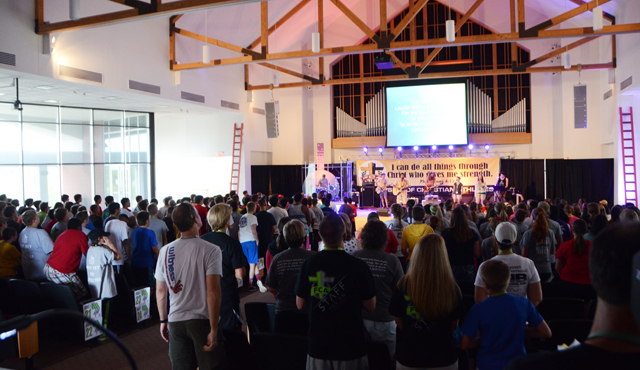 About 550 students with the Fellowship of Christian Athletes State Leadership Camp met in Ransdell  Chapel for worship. (Campbellsville University Photo by Bethany Thomaston) 