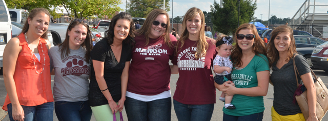 Among the reunion groups at Homecoming were from left: Mindy McCowan Lyons (’09), Christina Miller Kern (’10, M ’12); Maggie Argenbright (’10), Whitney Tingle (’10), Kelsey Davis Scanlon (’09), Rachel Crenshaw Tingle (’09, M ’11) with Presley; and Lauren Toadvine Morris (’10 and M ’11). (Campbellsville University Photo by Joan C. McKinney)