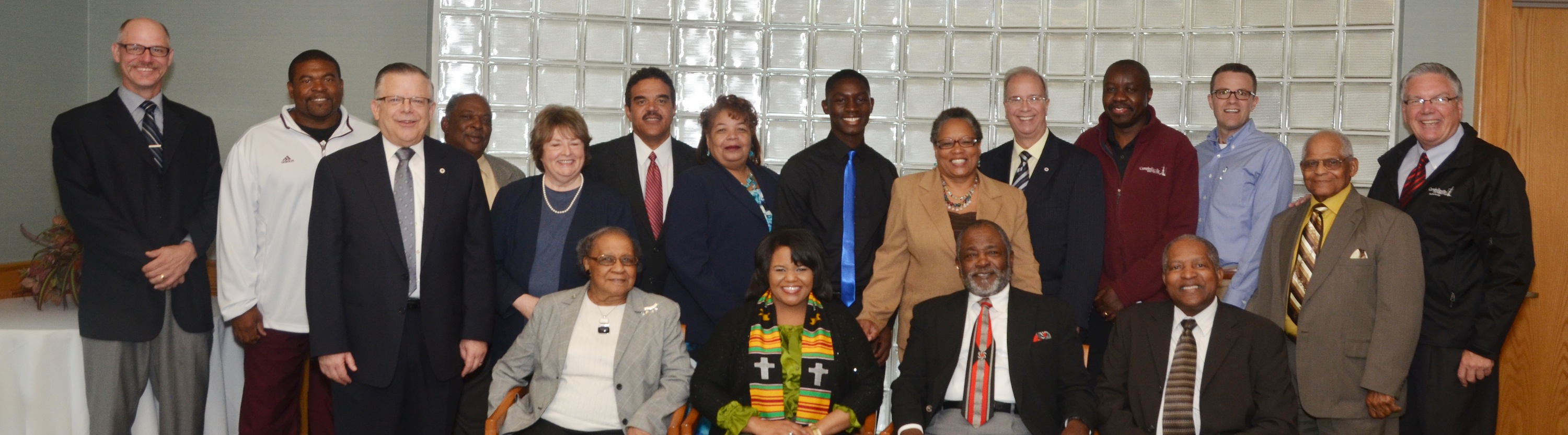Members of Greater Campbellsville United joined the Campbellsville University Diversity Committee at a luncheon in honor of KET personality Renee Shaw Oct. 23 in the Chowning Executive Dining Room in the Winters Dining Hall after the annual Dialogue on Race chapel service. From left are: Front row – Jean Wickliffe, Shaw, the Rev. James Washington and the Rev. Michael Caldwell. Second row – John Chowning, vice president for church and external relations and executive assistant to the president; Linda Waggener, Minister Pam Buford, Wanda Washington and Sam Wickliffe. Back row – Dr. Roscoe Bowen, Perry Thomas, Jerry Cowherd, Terry Allen, William Pearson, Dr. Michael V. Carter, Dr. Japheth Jaoko, Ron McMahan and Dr. Keith Spears. (Campbellsville University Photo by Joan C. McKinney)