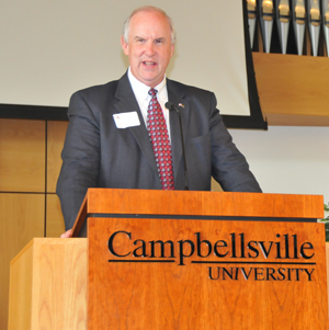 Gary Griesser told the teachers "people don't  care how much you know 'til they know how much you care." (Campbellsville University Photo by Linda Waggener)