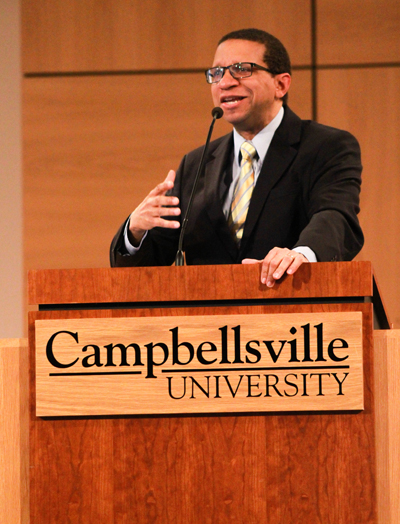 Dr. David Goatley spoke about “Windstorms and Black  History”at Campbellsville University’s Ransdell Chapel Feb. 12. (Campbellsville University Photo by Joshua Williams)