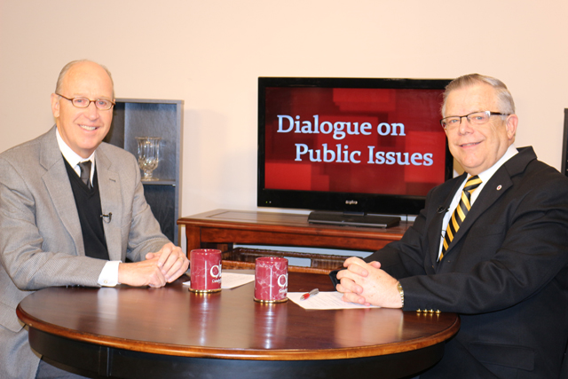 Dr. John Chowning, vice president for church and external relations and executive assistant to the  president of Campbellsville University, right, interviews Bill Goodman, the host and managing  editor of Kentucky Tonight on KET and host for Education Matters and One to One with Bill  Goodman, for his “Dialogue on Public Issues” show.
