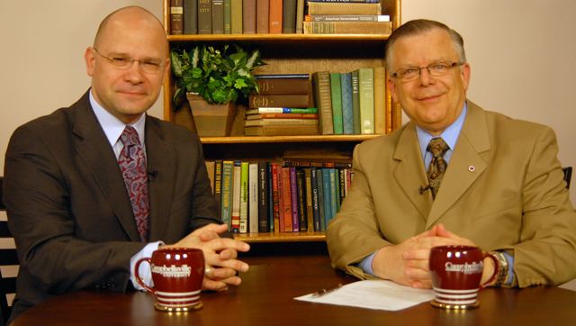 Campbellsville University’s John Chowning, vice president for church and external relations and executive assistant to the president of CU, right, interviewed Dr. Joseph Grieboski, president of the Institute on Religion and Public Policy, on his show, “Dialogue on Public Issues” on Campbellsville University’s WLCU. The show will air Sunday, May 29 at 8 a.m.; Monday, May 30 at 1:30 p.m. and 6:30 p.m. and Wednesday, June 1 at 1:30 p.m. and 7 p.m. The show is aired on Comcast Cable Channel 10. (Campbellsville University Photo by Piao Yu)
