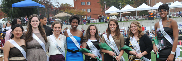 Campbellsville University Homecoming candidates for 2012 were, from left: Sze Ting “Julia” Tan, a senior of Penang, Malaysia, representing the Center for International Education; Hannah Clark, a sophomore of Winchester, Tenn., representing International Justice Mission; Kelly Hill, a junior of Springfield, Ky., representing Education Club; Tiosha Beasley, a senior of Bowling Green, Ky., representing Intramurals; Kaylynn Best, a senior of Harrodsburg, Ky., representing Student Government Association and received first runner-up; Emily Shultz, a senior of Mt. Sterling, Ky., representing College Republicans and received Homecoming queen; Maribeth Milburn, a senior of Lawrenceburg, Ky., representing Baptist Campus Ministries and received second runner-up; and Keisha Chiles, freshman attendant from Louisville, Ky. Not pictured: Sarah Ames, a senior of Elizabethtown, Ky., representing the Honors Program. (Campbellsville University Photo by Christina L. Kern)