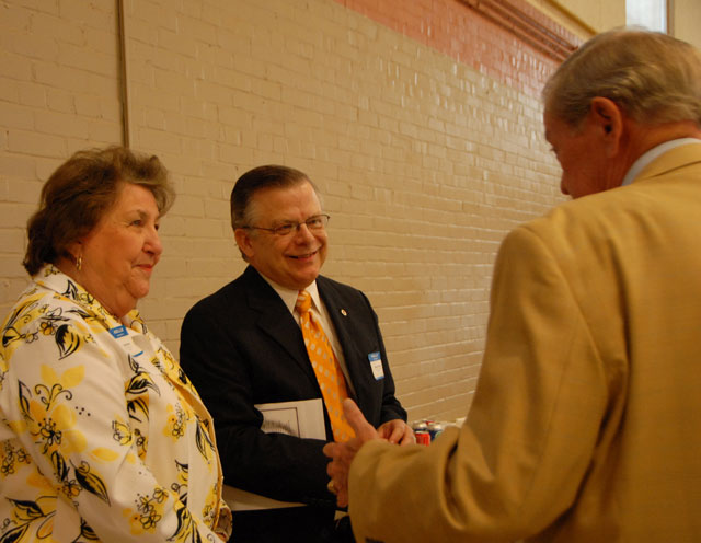 John Chowning, center, recalled some of the shared work experiences in regional civic leadership with Adair County's Chamber executive director Sue Stivers, left, and Columbia Mayor Pat Bell, right.