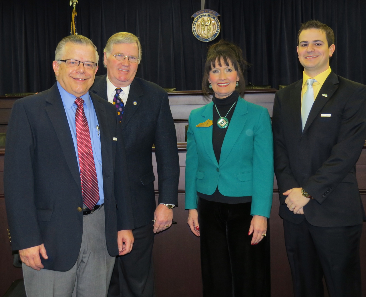 The Heartland Parkway Foundation Board of Directors welcomed visitors to Heartland Parkway Day at the capitol annex in Frankfort February 26. Board chairman Dr. John Chowning, left, was joined in this photo by Washington County representatives State Senator Tom Buford; State Representative Kim King; and Daniel Carney, executive director of Springfield-Washington County Economic Development. (Photo by Linda Marcum Waggener)