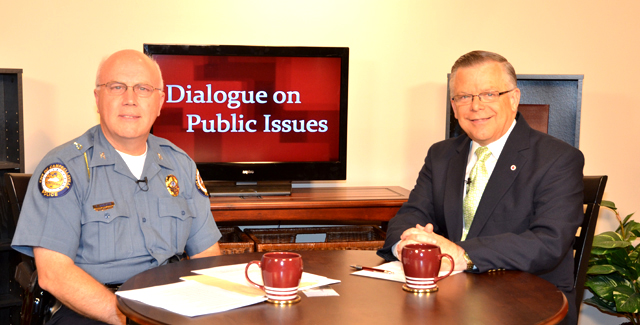 Campbellsville University’s John Chowning, vice president for church and external relations and executive assistant to the president of CU, right, interviews Campbellsville Police Chief Tim Hazlette on his “Dialogue on Public Issues” show on Campbellsville University’s WLCU-TV. The show will air Sunday, Sept. 2 at 8 a.m.; Monday, Sept. 3 at 1:30 p.m. and 6:30 p.m.; Tuesday, Sept. 4 at 1:30 p.m. and 6:30 p.m.; Wednesday, Sept. 5 at 1:30 p.m. and 6:30 p.m.; Thursday, Sept. 6 at 8 p.m.; and Friday, Sept. 7 at 8 p.m. The show is aired on Campbellsville’s cable channel 10 and is also aired on WLCU FM 88.7 at 8 a.m. Sunday, Sept. 2. (Campbellsville University Photo by Joan C. McKinney)
