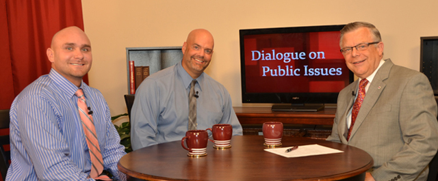 Campbellsville University’s John Chowning, vice president for church and external relations and executive assistant to the president of CU, right, interviews Brian Anthony and Shannon Gray from The Healing Place for his “Dialogue on Public Issues” show. The show will air Sunday, Sept. 22 at 8 a.m.; Monday, Sept. 23 at 1:30 p.m. and 6:30 p.m.; and Wednesday, Sept. 25 at 1:30 p.m. and 6:30 p.m. The show is aired on Campbellsville’s cable channel 10 and is also aired on WLCU FM 88.7 at 8 a.m. and 6:30 p.m. Sunday, Sept. 22. (Campbellsville University Photo by Drew Tucker)