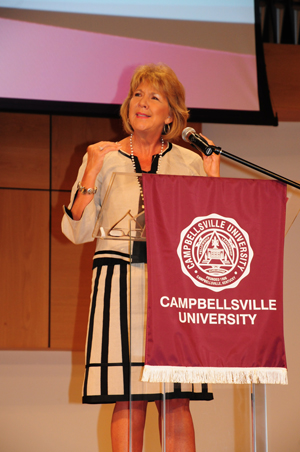 Hilda Legg tells the CU staff they are all    leaders. (Campbellsville University Photo by   Christina Kern)