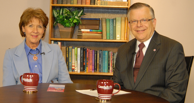 Campbellsville University’s John Chowning, vice president for church and external relations and executive assistant to the president of CU, right, interviewed Hilda Legg, candidate for Secretary of State, former presidential appointee and former Center for Rural Development director, on Campbellsville University’s WLCU’s show “Dialogue on Public Issues.” The show will air Sunday, March 6 at 8 a.m.; Monday, March 7 at 1:30 p.m. and 6:30 p.m. and Wednesday, March 9 at 1:30 p.m. and 7 p.m. The show is aired on Comcast Cable Channel 10. (Campbellsville University Photo by Piao Yu)