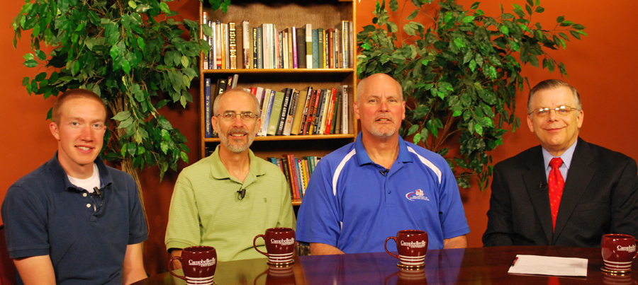 Campbellsville University’s WLCU TV-4 will air a “Dialogue on Public Issues” show with two members of CU’s faculty and a student, who traveled to the Holy Land, beginning May 2. John Chowning, vice president for church and external relations and executive assistant to the president, right, interviewed, from left, Garett Lowery of Mt. Washington, Ky., president of the Baptist Campus Ministry in the fall; Dr. John Hurtgen, dean of the School of Theology; and Dr. Scott Wigginton, associate professor of pastoral ministries and counseling, concerning their recent trip to the Holy Land. The show will be aired: Sunday, May 2, at 8 a.m.; Monday, May 3, at 1:30 p.m. and 6:30 p.m.; and Wednesday, May 5, at 1:30 p.m. and 7 p.m. (Campbellsville University Photo by Munkh-Amgalan Galsanjamts)