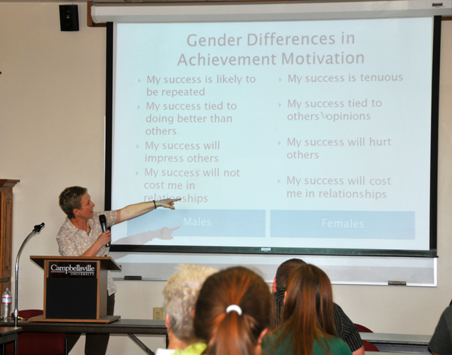 Dr. Susan Howell, Campbellsville University professor of psychology, presented a colloquium on Oct. 6 titled "Being All You Can Be: Gendered Expectations and Gendered Pricetags." The subject explored how to effectively communicate to students and children – males and females -- that both genders can succeed and equalize the cost of success for each. Among the statistics Howell shared were gender differences in achievement motivation showing that while males believe that their success will impress others and help in relationships, females have a set of beliefs that success will hurt others and cost them in relationships. (Campbellsville University Photo by Linda Waggener)