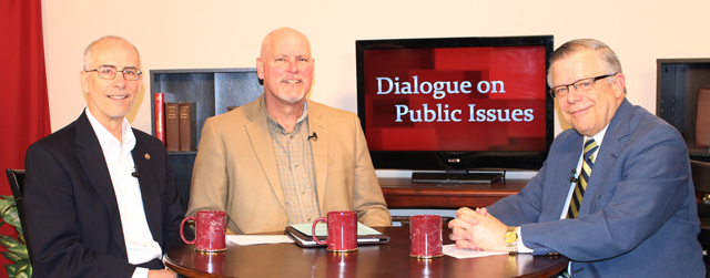Dr. John Chowning, vice president for church and external relations and executive assistant to the president of Campbellsville University, right, interviews Dr. John Hurtgen, dean of the CU School of Theology, and Dr. Scott Wigginton, professor of pastoral ministries and counseling, for his “Dialogue on Public Issues” show. 