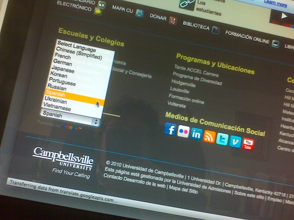 Have you checked the newest feature on Campbellsville.edu offering CU's information in different languages? Just go to the homepage and look in the lower left corner under Schools and Colleges to find the drop-down menu and make your language conversion selection. In the photo, Spanish is selected and the words "Schools and Colleges" become "Esquelas y Colegios". (CU photo by Linda Waggener)