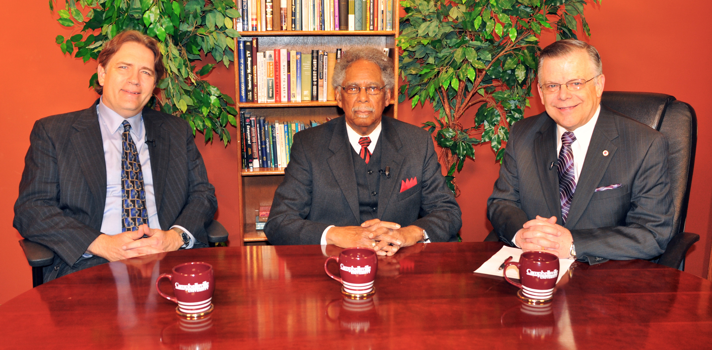 Campbellsville University's WLCU TV-4 will air a "Dialogue on Public Issues" show with Dr. Leslie Hollon, senior pastor of Trinity Baptist Church in Antonio, Texas, on left, and Dr. Lincoln Bingham, senior pastor at St. Paul Baptist Church in Louisville, Ky., beginning Sunday, Feb. 28. Hollon, at left, and Bingham are shown with John Chowning, vice president for church and external relations and executive assistant to the president at CU. The show will air on WLCU TV-4, Comcast Cable Channel 10, Sunday, Feb. 28, at 8 a.m.; Monday, March 1, at 1:30 p.m. and 6:30 p.m.; and Wednesday, March 3, at 1:30 p.m. and 7 p.m. (Campbellsville University photo by Bayarmagnai “Max” Nergui)