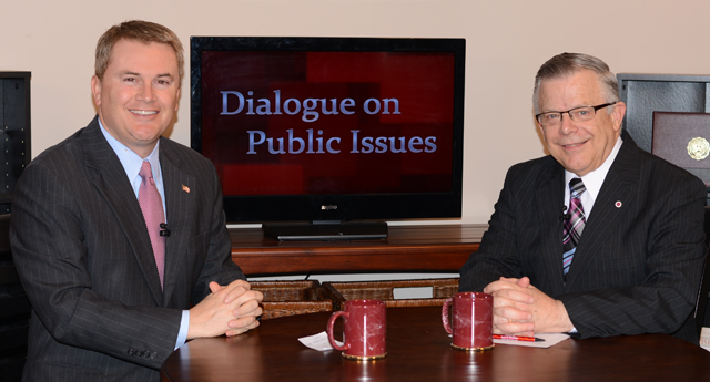 Dr. John Chowning, vice president for church and external relations and executive assistant to the  president of Campbellsville University, right, interviews James Comer, Kentucky’s commissioner of  agriculture, for his "Dialogue on Public Issues" show. The show will air at 1:30 p.m.  Friday, July 18 on WLCU TV, Campbellsville’s cable channel 10. It is also aired on  WLCU FM 88.7 at 8 a.m. and 6:30 p.m. Sunday, July 20. (Campbellsville University Photo  by Hanna Hall)