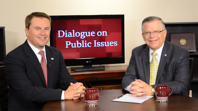 Campbellsville University’s John Chowning, vice president for church and external relations and executive assistant to the president of CU, right, interviews Kentucky Department of Agriculture Commissioner Jamie Comer on his “Dialogue on Public Issues” show on WLCU-TV. The show will air Sunday, June 17 at 8 a.m.; Monday, June 18 at 1:30 p.m. and 6:30 p.m.; Tuesday, June 19 at 1:30 p.m. and 6:30 p.m.; Wednesday, June 20 at 1:30 p.m. and 6:30 p.m.; Thursday, June 21 at 8 p.m.; and Friday, June 22 at 8 p.m. The show is aired on Campbellsville’s cable channel 10 and is also aired on WLCU FM 88.7 at 8 a.m. Sunday, June 17. (Campbellsville University Photo by Joan C. McKinney)