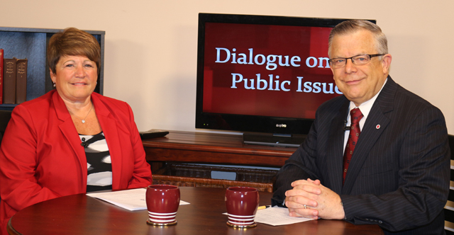 Dr. John Chowning, vice president for church and external relations and executive assistant to the president of Campbellsville University, right, interviews Jane Wheatley, chief executive officer of Taylor Regional Hospital and a member of the CU Board of Trustees, for his “Dialogue on Public Issues” show. 