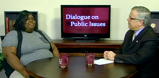 Dr. John Chowning, vice president for church and external relations and executive assistant to the president of Campbellsville University, right, interviews CU student Jasmine Barnett of Greensburg, Ky., for his “Dialogue on Public Issues” show. 