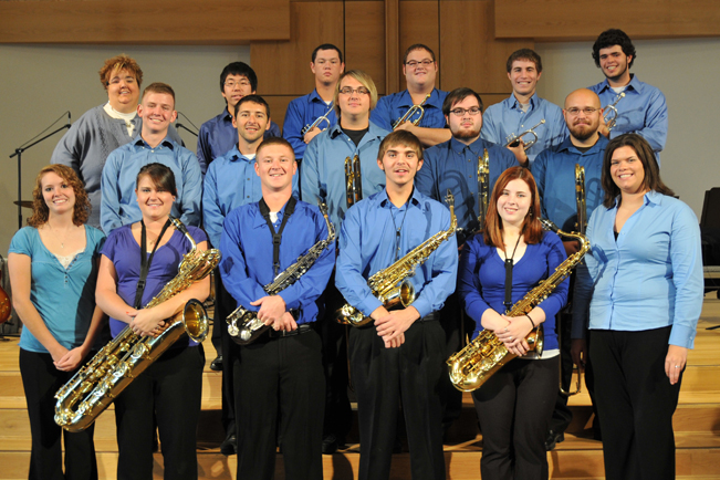Members of the Campbellsville University Jazz Ensemble include from left: Front row – Kinly Bertram of Monticello, Ky.; Stacey Hurt of Cadiz, Ky.; Aaron Hutchinson of Dry Ridge, Ky.; Daniel Beams of Campbellsville, Ky.; Haley Probus of Lebanon, Ky.; and Rebecca Oliver of Scottsville, Ky. Second row – Garrett Baker of Bowling Green, Ky.; Nathan Wilkerson of Munfordville, Ky.; Tyler Bland of Campbellsville, Ky.; Lucas Taylor of Munfordville, Ky.; and J.D. Ragland of Munfordville, Ky.; Third row – Jennifer Tinnell, director of bands and instructor in music; Tomohiro Suko of Tokyo, Japan; Damon King of Bardstown, Ky.; Bradley Whitehead of Russell Springs, Ky.; Blake Herron of Campbellsville, Ky., and Timothy Howe of Dry Ridge, Ky. (Campbellsville University Photo by Munkh-Amgalan Galsanjamts)