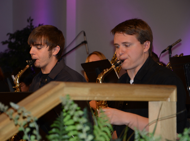 Daniel Beams, left, of Campbellsville and Cameron Schatt of Sonora play in the Jazz Orchestra.