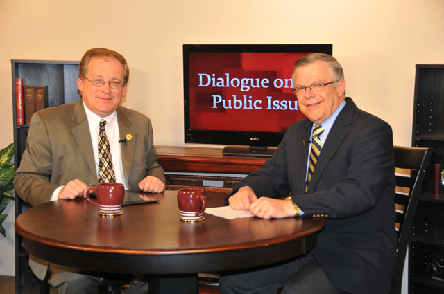 Campbellsville University’s John Chowning, vice president for church and external relations and executive assistant to the president of CU, right, interviews Jim Waters, Bluegrass Institute for Public Policy Solutions, on his “Dialogue on Public Issues” show on Campbellsville University’s WLCU-TV. The show will air Sunday, Dec. 2 at 8 a.m.; Monday, Dec. 3 at 1:30 p.m. and 6:30 p.m.; Tuesday, Dec. 4 at 1:30 p.m. and 6:30 p.m.; Wednesday, Dec. 5 at 1:30 p.m. and 6:30 p.m.; Thursday, Dec. 6 at 8 p.m.; and Friday, Dec. 7 at 8 p.m. The show is aired on Campbellsville’s cable channel 10 and is also aired on WLCU FM 88.7 at 8 a.m. Sunday, Dec. 2. (Campbellsville University Photo by Ellie McKinley)