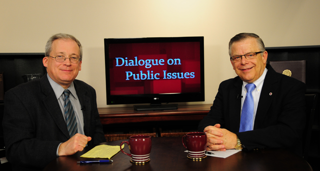 Campbellsville University’s John Chowning, vice president for church and external relations and executive assistant to the president of CU, right, interviews Jim Waters, president of Bluegrass Institute in Lexington, Ky., for his “Dialogue on Public Issues” show. The show will air Sunday, Feb. 10 at 8 a.m.; Monday, Feb. 11 at 1:30 p.m. and 6:30 p.m.; Tuesday, Feb. 12 at 1:30 p.m. and 6:30 p.m.; Wednesday, Feb. 13 at 1:30 p.m. and 6:30 p.m.; Thursday, Feb. 14 at 8 p.m.; and Friday, Feb. 15 at 8 p.m. The show is aired on Campbellsville’s cable channel 10 and is also aired on WLCU FM 88.7 at 8 a.m. Sunday, Feb. 10. (Campbellsville University Photo by Christina Kern)
