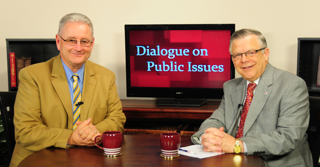 Campbellsville University’s John Chowning, vice president for church and external relations and executive assistant to the president of CU, right, interviews Kentucky State Sen. Jimmy Higdon, who represents Senate District 14, which includes Marion, Mercer, Nelson, Taylor and Washington counties, for his “Dialogue on Public Issues” show. The show will air Sunday, July 21 at 8 a.m.; Monday, July 22 at 1:30 p.m. and 6:30 p.m.; and Wednesday, July 24 at 1:30 p.m. and 6:30 p.m. The show is aired on Campbellsville’s cable channel 10 and is also aired on WLCU FM 88.7 at 8 a.m. and 6:30 p.m. Sunday, July 21. (Campbellsville University Photo by Ye Wei “Vicky”)