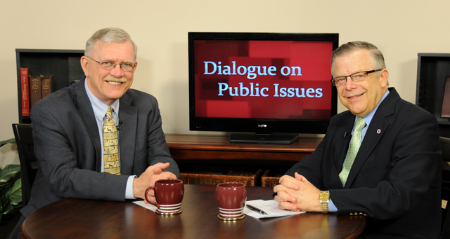 Campbellsville University’s John Chowning, vice president for church and external relations and executive assistant to the president of CU, right, interviews Joe Meyer, secretary for the Cabinet for Education and Workforce Development, for his “Dialogue on Public Issues” show. The show will air Sunday, June 23 at 8 a.m.; Monday, June 24 at 1:30 p.m. and 6:30 p.m.; and Wednesday, June 26 at 1:30 p.m. and 6:30 p.m. The show is aired on Campbellsville’s cable channel 10 and is also aired on WLCU FM 88.7 at 8 a.m. and 6:30 p.m. Sunday, June 23. (Campbellsville University Photo by Ye Wei “Vicky”)