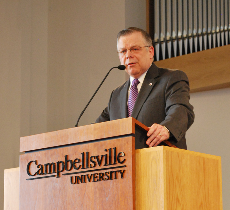 John Chowning, vice president for church and external relations and executive assistant to the president, speaks of the "absolute joy of Christian service" at the First-Year Experience event Feb. 8 in Ransdell Chapel. (Campbellsville University Photo by Munkh-Amgalan Galsanjamts)