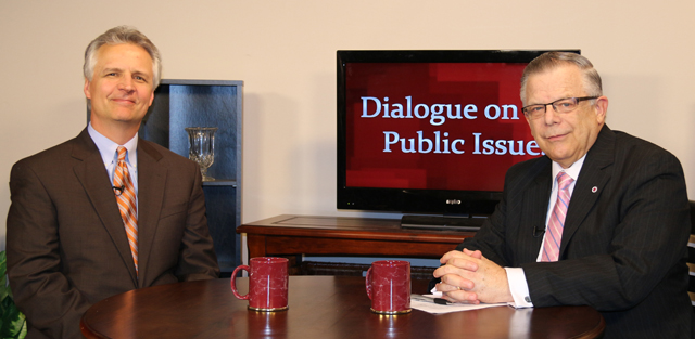 Dr. John Chowning, vice president for church and external relations and executive assistant to the president of Campbellsville University, right, interviews John David Dyche, lawyer at  Fultz Maddox Dickens PLC and political commentator for WDRB in Louisville, Ky., for his  “Dialogue on Public Issues” show. The show will air at 1:30 p.m. and 6:30 p.m. Monday, May 11 and at 1:30 p.m. and 7 p.m. Wednesday, May 13 on WLCU-TV, Campbellsville’s cable channel 10  and at 8 a.m. and at 6:30 p.m. Sunday, May 10 on WLCU-TV and on 88.7 The Tiger radio.  (Campbellsville University Photo by Drew Tucker)
