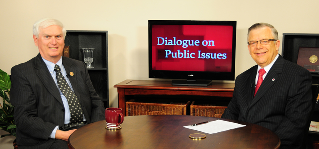 Campbellsville University’s John Chowning, vice president for church and external relations and executive assistant to the president of CU, right, interviews U.S. Congressman John J. Duncan Jr. (R-Tenn.) for his “Dialogue on Public Issues” show. The show will air Sunday, June 30 at 8 a.m.; Monday, July 1 at 1:30 p.m. and 6:30 p.m.; and Wednesday, July 3 at 1:30 p.m. and 6:30 p.m. The show is aired on Campbellsville’s cable channel 10 and is also aired on WLCU FM 88.7 at 8 a.m. and 6:30 p.m. Sunday, June 30. (Campbellsville University Photo by Ye Wei “Vicky”)