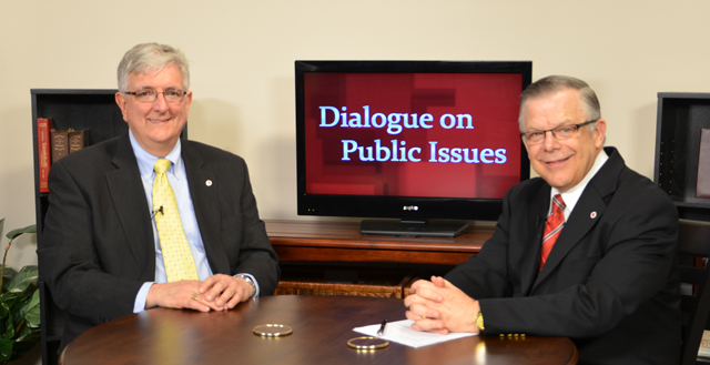 Campbellsville University’s John Chowning, vice president for church and external relations and executive assistant to the president of CU, right, interviews John Upton, president of the Baptist World Alliance, for his “Dialogue on Public Issues” show. The show will air Sunday, Aug. 25 at 8 a.m.; Monday, Aug. 26 at 1:30 p.m. and 6:30 p.m.; and Wednesday, Aug. 28 at 1:30 p.m. and 6:30 p.m. The show is aired on Campbellsville’s cable channel 10 and is also aired on WLCU FM 88.7 at 8 a.m. and 6:30 p.m. Sunday, Aug. 25. (Campbellsville University Photo by Ye Wei “Vicky”)