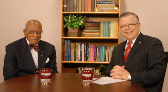 Campbellsville University’s John Chowning, vice president for church and external relations and executive assistant to the president of CU, right, interviewed Dr. Johnnie Clark on Campbellsville University’s WLCU’s show “Dialogue on Public Issues” The show will air Sunday, Feb. 13 at 8 a.m.; Monday, Feb. 14 at 1:30 p.m. and 6:30 p.m. and Wednesday, Feb. 16 at 1:30 p.m. and 7 p.m. The show is aired on Comcast Cable Channel 10. (Campbellsville University Photo by Emily Campbell)