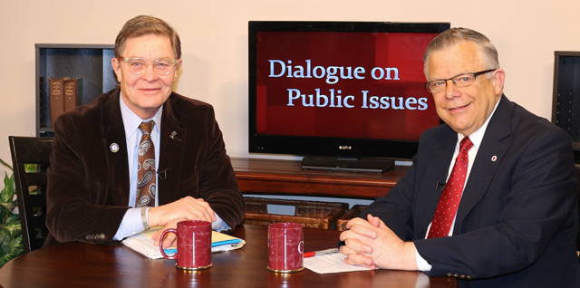 Dr. John Chowning, vice president for church and external relations and executive assistant to the  president of Campbellsville University, right, interviews John Larson, for his “Dialogue on Public  Issues” show. The show will air at 1:30 p.m. and 6:30 p.m. Monday, March 30 and at 1:30 p.m. and  7 p.m. Wednesday, April 1 on WLCU-TV, Campbellsville’s cable channel 10 and at 8 a.m. and at 6:30 p.m. Sunday, March 29 on WLCU-TV and on 88.7 The Tiger radio. (Campbellsville University  Photo by Drew Tucker)