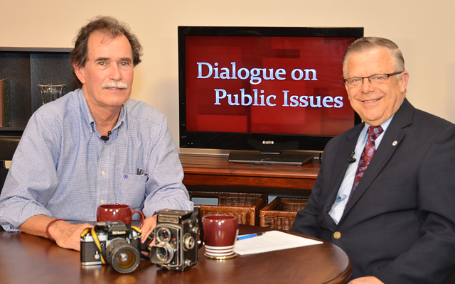 Campbellsville University’s John Chowning, vice president for church and external relations and executive assistant to the president of CU, right, interviews José Galvez, Mexican-American Pulitzer Prize winning photographer, for his “Dialogue on Public Issues” show. The show will air Sunday, Dec. 22 at 8 a.m.; Monday, Dec. 23 at 1:30 p.m. and 6:30 p.m.; and Wednesday, Dec. 25 at 1:30 p.m. and 6:30 p.m. The show is aired on Campbellsville’s cable channel 10 and is also aired on WLCU FM 88.7 at 8 a.m. and 6:30 p.m. Sunday, Dec. 22. (Campbellsville University Photo by Drew Tucker)