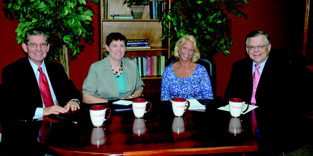 Kentucky Christian School officials are interviewed on “Dialogue on Public Issues,” hosted by John Chowning, far right, at Campbellsville University. The show featured from left: David Nunery, chairman, KCS Board of Directors; Lori Eubank, administrator, KCS; and Gail Gabehart, director, KCS. The show will air on TV-4, WLCU, Comcast Cable Channel 10, Sunday, July 26, at 8 a.m.; Monday, July 27, at 1:30 p.m. and 6:30 p.m., and Wednesday, July 29, at 1:30 p.m. and 7 p.m. (Campbellsville University Photo by Joan C. McKinney)