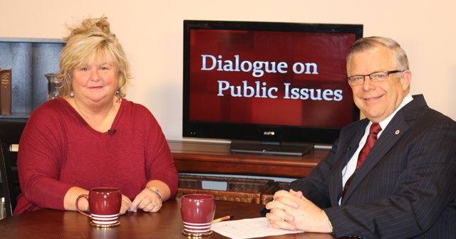 Dr. John Chowning, vice president for church and external relations and executive assistant to the president of Campbellsville University, right, interviews Kelly Gunning of Lexington, director of advocacy and public affairs with the National Alliance on Mental Illness, for his “Dialogue on Public Issues” show. 
