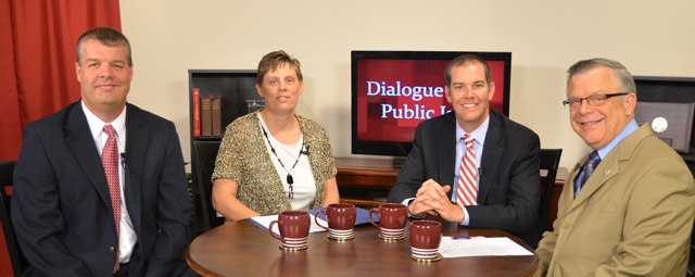 Campbellsville University’s John Chowning, vice president for church and external relations and executive assistant to the president of CU, right, interviews educators with Kentucky Christian Academy for his “Dialogue on Public Issues” show. From left are: Matt Falls, Kentucky Christian Academy board member; Lori Eubank, administrator; and Max Wise, board member. The show will air Sunday, July 28 at 8 a.m.; Monday, July 29 at 1:30 p.m. and 6:30 p.m.; and Wednesday, July 31 at 1:30 p.m. and 6:30 p.m. The show is aired on Campbellsville’s cable channel 10 and is also aired on WLCU FM 88.7 at 8 a.m. and 6:30 p.m. Sunday, July 28. (Campbellsville University Photo by Ye Wei “Vicky”)