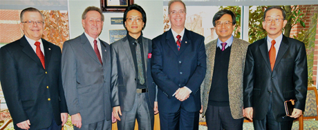 Campbellsville University leaders welcomed guests Feb. 1 from Korea Baptist Theological University/Seminary Tuesday as part of an exploration of partnerships between the two institutions. Visiting CU were Dr. Dong-Soo Chang, professor of New Testament/Greek and director of planning and public relations; and Dr. Jong-Keul Kim, professor of Christian philosophy and dean of academic affairs. KBTU/S was founded by the Southern Baptist Convention. In the group photo at Winters Dining Hall are, from left: John Chowning, vice president for church and external relations and executive assistant to the president; Dr. Frank Cheatham, vice president for academic affairs; President, Dr. Michael V. Carter; their host at lunch, Wansoo Cho, CU instructor in music and director of the String Chamber Ensemble; and guests from KBTU/S Chang and Kim. (Campbellsville University Photo by Linda Waggener)