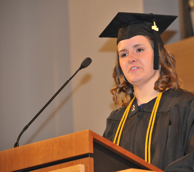 Kristin King speaks at the 4 p.m. commencement ceremony with a response to Dr. Michael V. Carter's response to his charge. (Campbellsville University Photo by Linda Waggener)