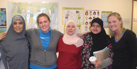 Campbellsville University students Kristina Wallace, second from left, a senior from Hopkinsville, Ky., and Ashley Boyd, far right, a 2010 alumna from Simpsonville, Ky., built friendships with Muslims in Dearborn, Mich. during their mission trip over spring break.